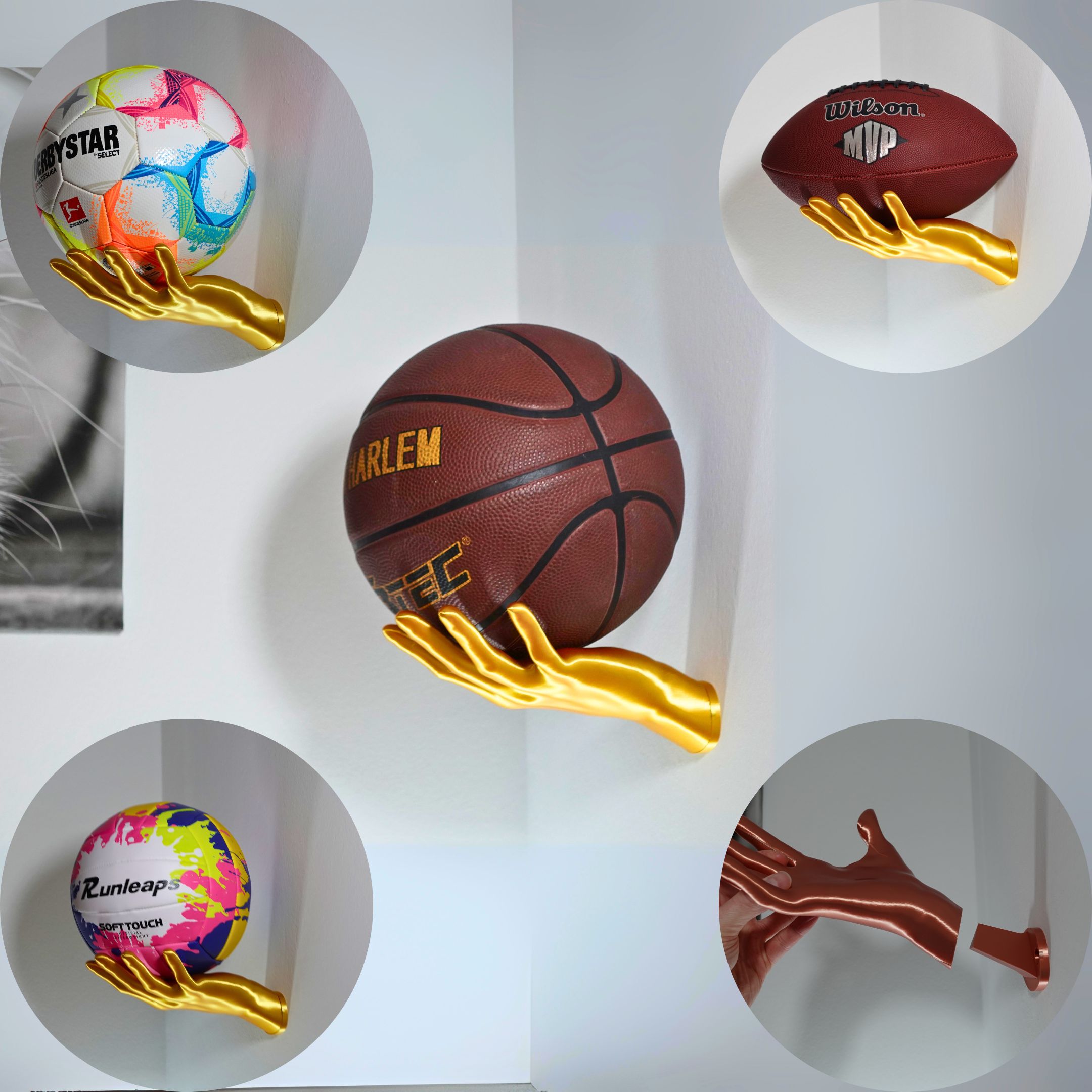 Goldener 3D Ball Wandhalter Design Basketball Fussball Rudby in